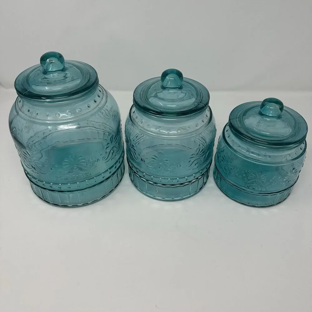 The Pioneer Woman Cassie Teal Embossed Glass Canister 3-Piece Set READ